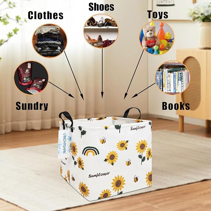 LANGYASHAN Square Storage Baskets Waterproof Canvas Children Laundry Nursery Hamper for Shelves Gift Baskets Toy Organizer Room Decor (Square Sunflower)