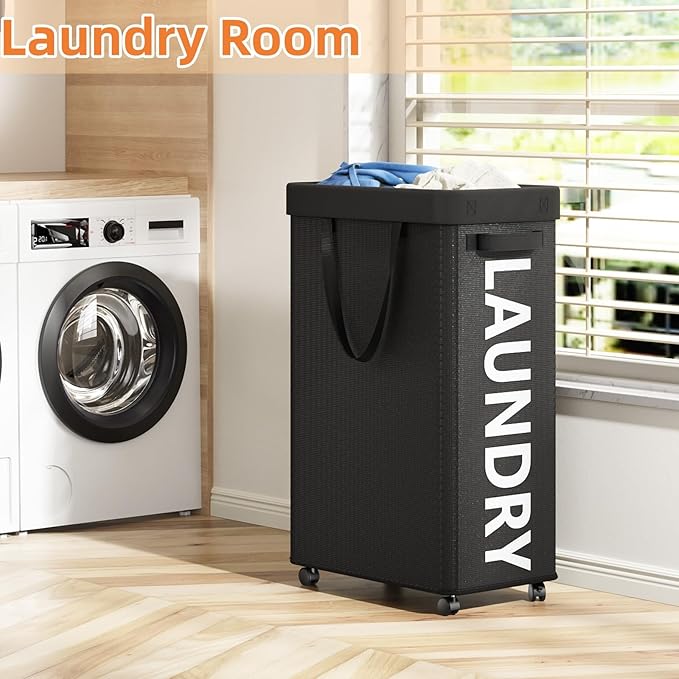 Laundry Basket with Wheels, 90L Rolling Laundry Hamper with Wheels, Large Clothes Hamper on Wheel with Removable Mesh Bag for Bedroom, Dorm Room Essentials, Black