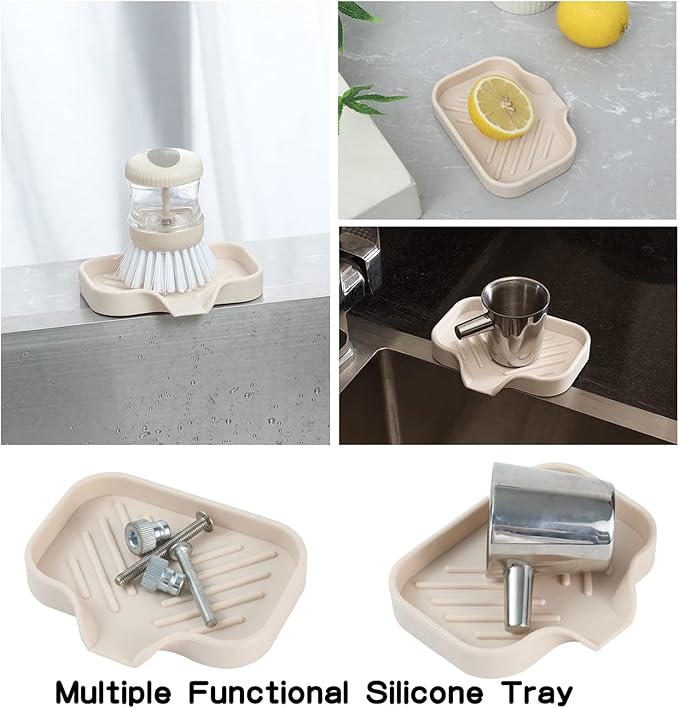MicoYang Silicone Bathroom Soap Dishes with Drain Spout-Bathroom and Kitchen Sink Organizer,Sponge Holder,Dish Soap Tray,Perfect for Dispenser,Scrubber,Bottle,Cup on Sink or Counter-Tapioca 4.9"×3.2"
