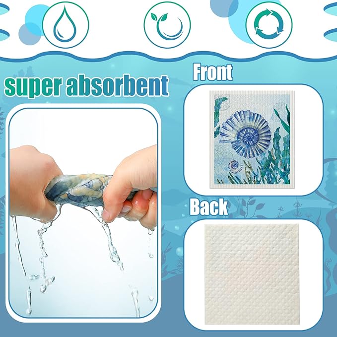 6 Pcs Swedish Kitchen Dish Towels Kitchen Cloths Reusable Sponge Cleaning Cloths Absorbent Dish Cloth Quick Drying Washable Cleaning Wipes No Odor Hand Towel (Marine Life)