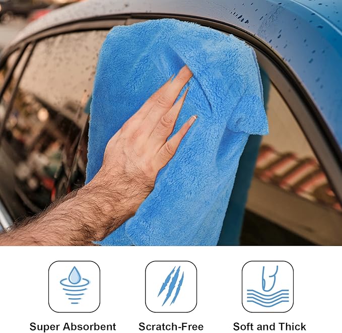 Shimeyao 30 Pcs 16 x 16 Inch Edgeless Microfiber Plush Towels for Cars Detailing Drying Wash Polishing Absorbent Cleaning Cloths, 500 GSM (Light Blue)