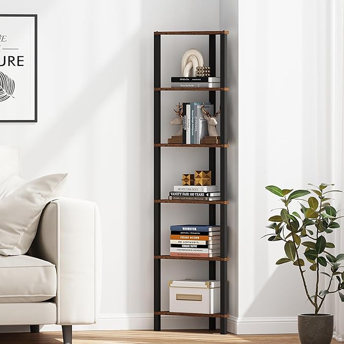 TUTOTAK Corner Shelf, 6-Tier Corner Bookshelf for Small Space, Narrow Display Corner Shelf Stand with Storage Rack, for Living Room, Bedroom, Rustic Brown BS05BB006