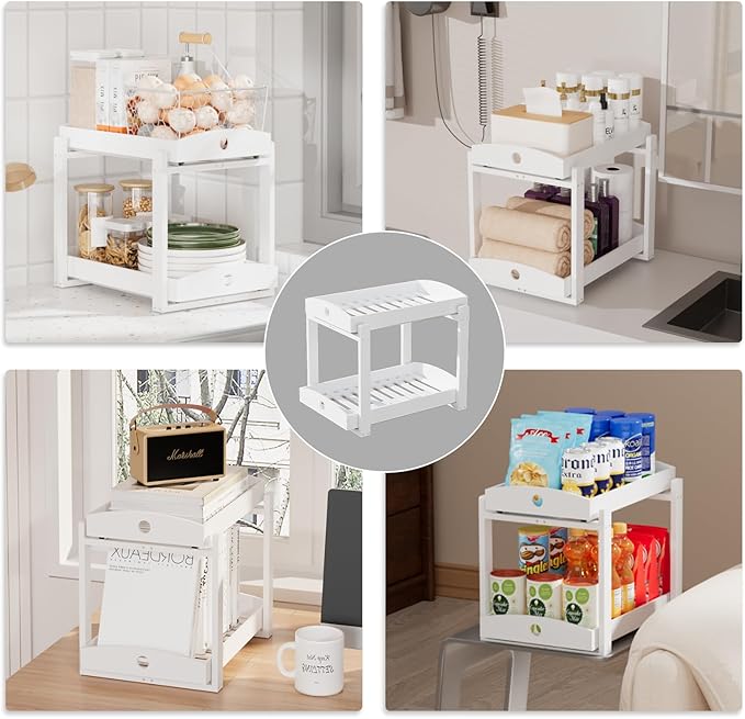 2 Pack Under Sink Organizer, Bamboo Wooden 2-Tier Pull-Out Storage with Sliding Drawers for Kitchen and Bathroom Cabinets, Easy Installation (White)