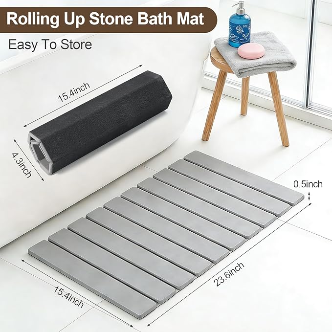 BJSNEIF Rolling Up Stone Bath Mat for Bathroom, Foldable with Absorbing Tray, Quick Drying, Non-Slip, Gray, 15.4x23.6 Inch, 2-Piece Set