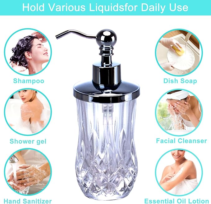 9Oz Clear Glass Soap Dispenser with Zinc Alloy Pump,Lead-Free Thick-Cut Glass,Countertop Soap Dispensers for Bathroom & Kitchen,Round