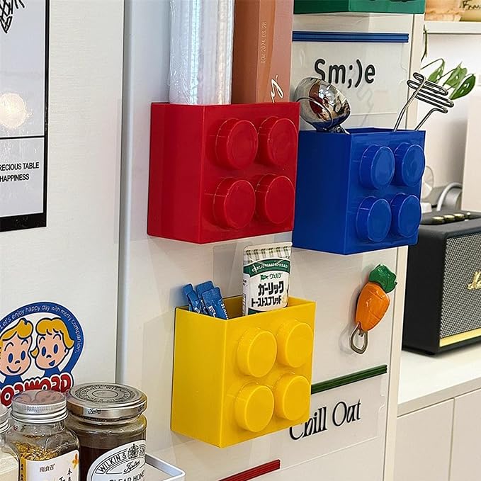Magnetic Basket Organizer for Fridge - Lego-Style ABS Plastic Storage Box, No Drill Design for Kitchen Counter, Microwave & Whiteboard, Holds Up to 3.5 lbs (Red)