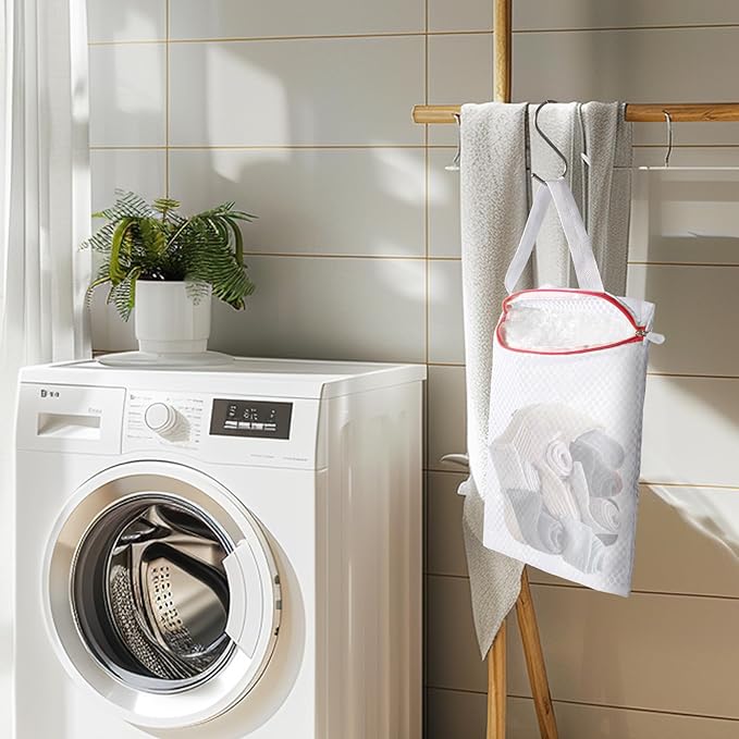 3-PACK Hanging Mesh Laundry Bags with S Metal Hooks,10x12 Inch Hanging Socks Laundry Bags for Washing Machine