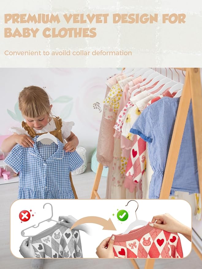 Smartor 11.8" Premium Baby Hangers Velvet for Closet 50 Pack, Durable Kids Felt Hangers Non Slip for Toddler, Baby Clothes Hangers for Childrens on Closet Storage (Rose Gold Hook)- White