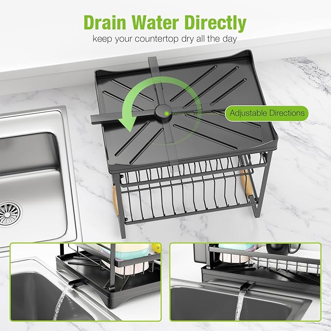 Housmile Dish Drying Rack, Large-Capacity Dish Rack for Kitchen Counter, Stainless Steel Dish Drainer, 2-Tier Drying Rack Kitchen Adjustable Height for Dishes, Knives, Spoons, and Forks, Black