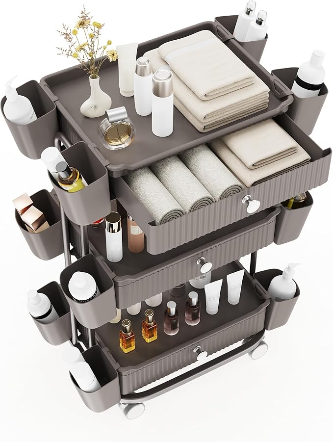 3 Tier Drawer Shelf Beauty Cart with 12 Movable Storage Organizer, Thickened Durable ABS, 360° Wheels for Salon Station for Hair Stylist, Beauty Salon, Spa Massage Parlor, Makeup Organizer - Brown