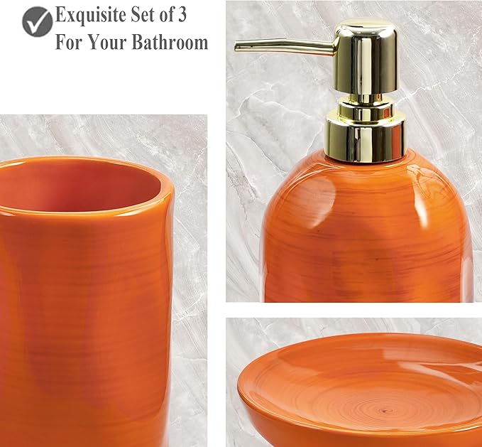 Burnt Orange Bathroom Accessories Set, 3PC Ceramic Bathroom Sets Complete, Toothbrush Holders, Soap Dispenser, Soap Dish, Vibrant Bathroom Decor, Bathroom Organizer for Countertop