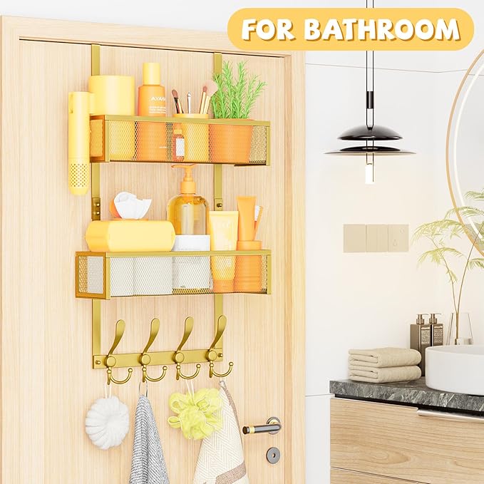 Kaiferty Over The Door Hooks Organizer,Coat Rack with 12 Hooks and 2 Mesh Baskets,Back of Door Storage Organizer for Bathroom,Bedroom,Kitchen,Office (Gold)