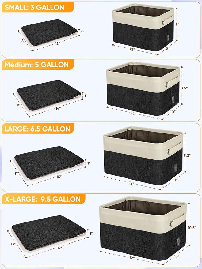 BALEINE 3 Pack Fabric Storage Bins for Shelves, Linen Storage Baskets for Organizing, Decorative Closet Bins for Clothes, Home (Black, 12"x8"x8")