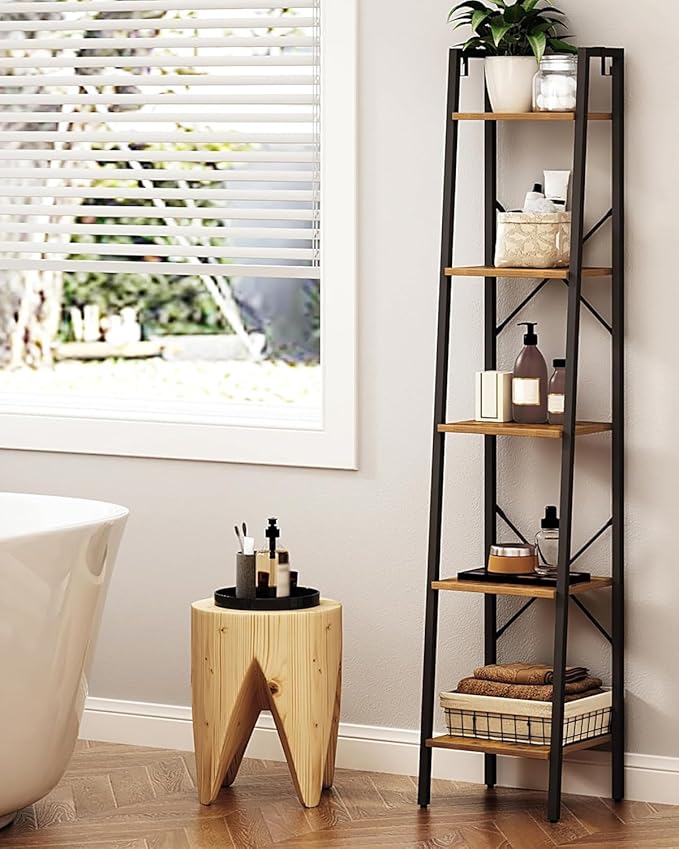 Ladder Shelf, Bookshelf Bookcase, Freestanding Corner Storage Shelve with 2 Hooks for Home Office, Living Room, Kitchen, Bedroom, Industrial, 11.8" D x 13.4" W x 63" H, Rustic Brown BC03201B