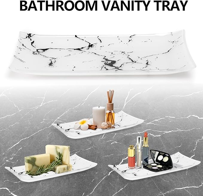 Haturi Glass Bathroom Accessories Set – 4-Piece Marble-Style White and Gold Bathroom Set with Soap Dispenser, Toothbrush Holder, Jar with Lid – Elegant Glass Design for Modern Vanity Décor