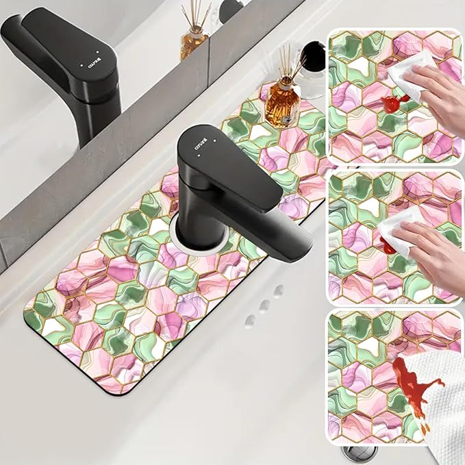 Sink Splash Guard Faucet Mat Abstract Pink and Green Hexagon Texture Absorbent Fast Drying Mat Sink Gadgets Splash Guard Behind Faucet Drip Catcher for Kitchen Bathroom 15.5"X5.5"