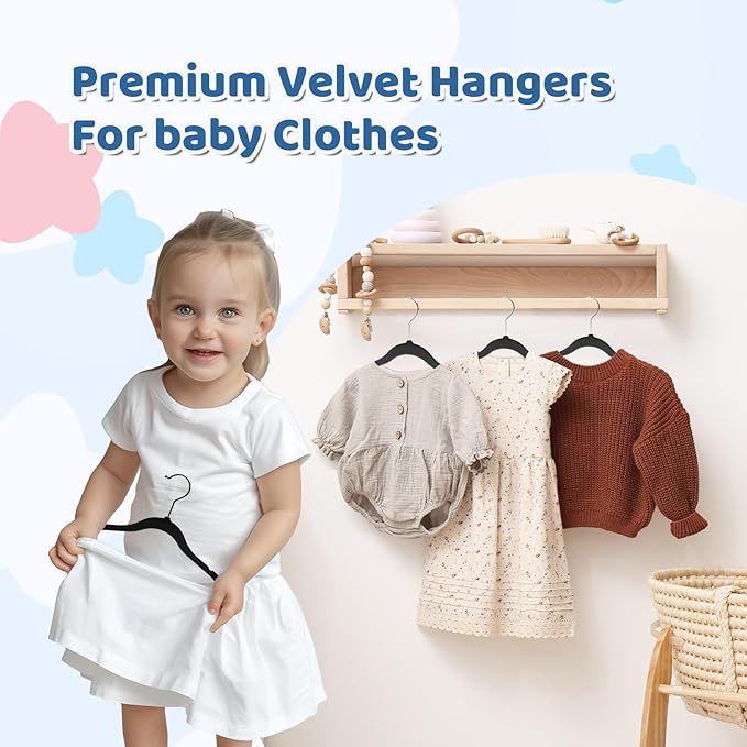 Smartor Premium 11 Inch Baby Hangers 50 Pack, Black Kids Velvet Hanger, Non Slip, Space Saving Felt Hangers Clothes Organizers for Closet with 360° Swivel Hook for Children, Infant & Toddler