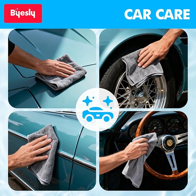 12-Pack Microfiber Cleaning Cloth, 11.5x11.5 Microfiber Towels for Cars, Dishes & House, for Detailers, Chefs & Efficient Home | Scratch-Free, Lint-Free, Ultra Absorbent(Blue/Green/Grey)