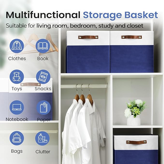 6-Pack Storage Cubes with Handles & Label Holders Basket, Closet Cube Home Organizer Bins(White/Blue, 13 x 13 x 13 inch)