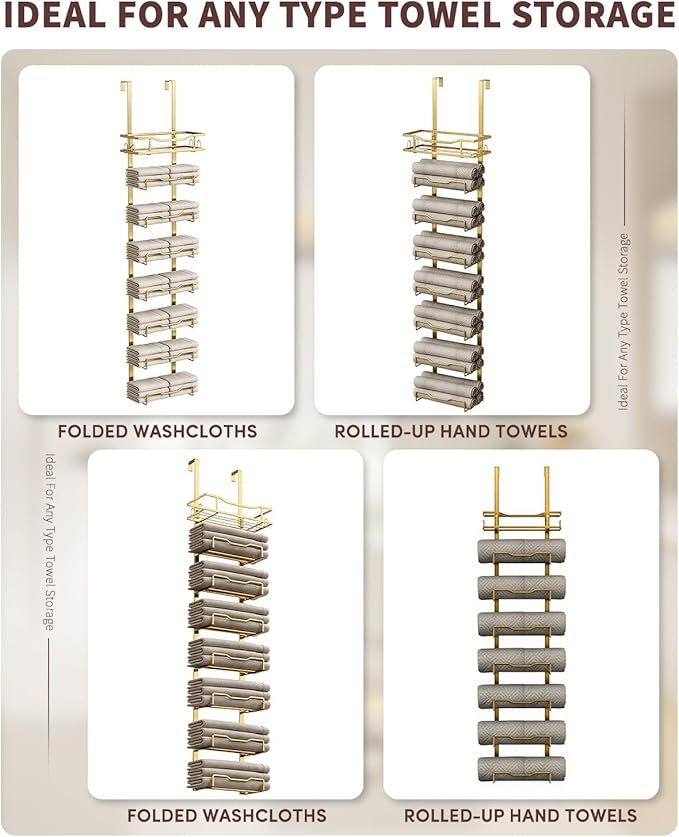Hanging Towel Racks for Bathroom No Drill - Over The Door 8-Tier Bath Towel Storage Organizer for Small Bathrooms - Back Door Large Tiered Towel Holder Hanger for Rolled Towels RV Camper Gold