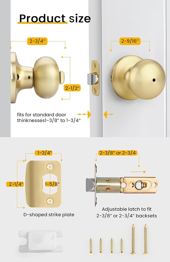 Goldenwarm Gold Interior Door Knobs, Bedroom Door Knob, Door Knobs Interior Bulk, Brushed Gold Privacy Door Knob for Bedroom or Bathroom(8 Pack)