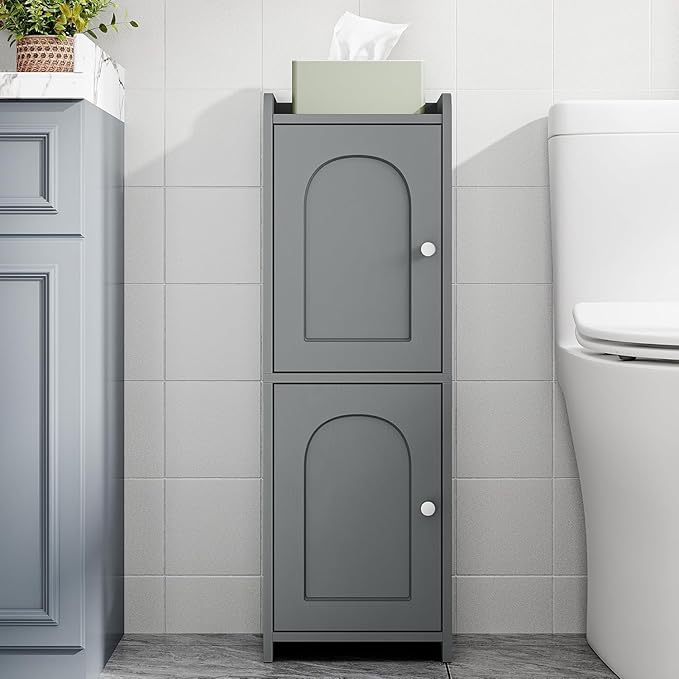 Bathroom Storage Cabinet, Small Corner Floor Cabinet with 2 Doors and Adjustable Shelf, Narrow Toilet Paper Cabinets, Bathroom Organizer for Small Spaces, 7.9" D x 9.8" W x 29.5" H Gray