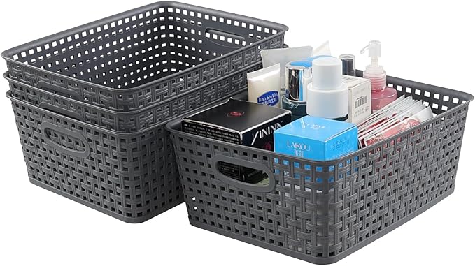 Readsky Plastic Woven Storage Basket with Handle, Gray, 4 Packs