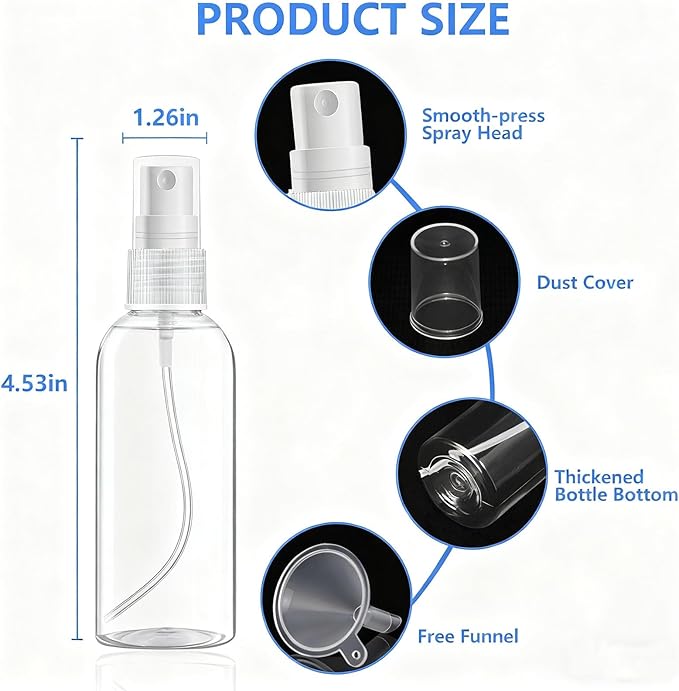 4 Pack 2 Oz (50ml) Mini Spray Bottles Clear Travel Size Spray Bottles Leak Proof with Funnels and Labels