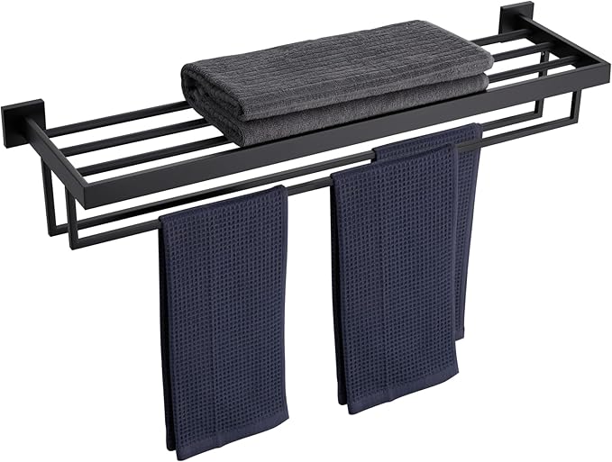 KOKOSIRI Black Towel Rack 32'' Bathroom Towel Shelf with Double Towel Bars SUS304 Matte Black Stainless Steel Wall Mounted, B6003BK-L32