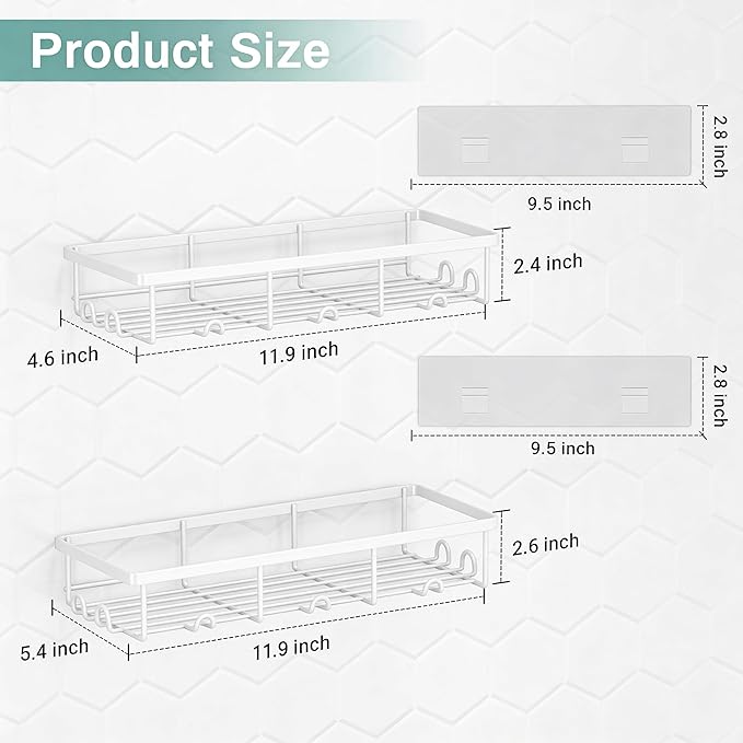 White Shower Caddy Organizer, 2 Pack Adhesive Shampoo Holder Basket Shelves for Storage and Organization, Wall Suction Bath Bathtub Rack Set for RV Camper, Bathroom Restroom Decor and Accessories