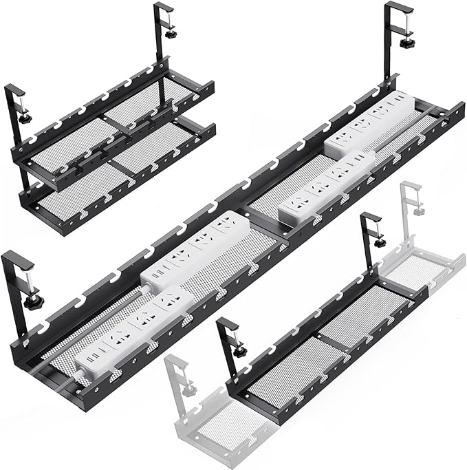 31Inch Extendable Under Desk Cable Management Tray Multi-Model Metal Cable Management Tray Under Desk Cord Management with Clamp Power Strip Cord Holder for Wire Cable Management