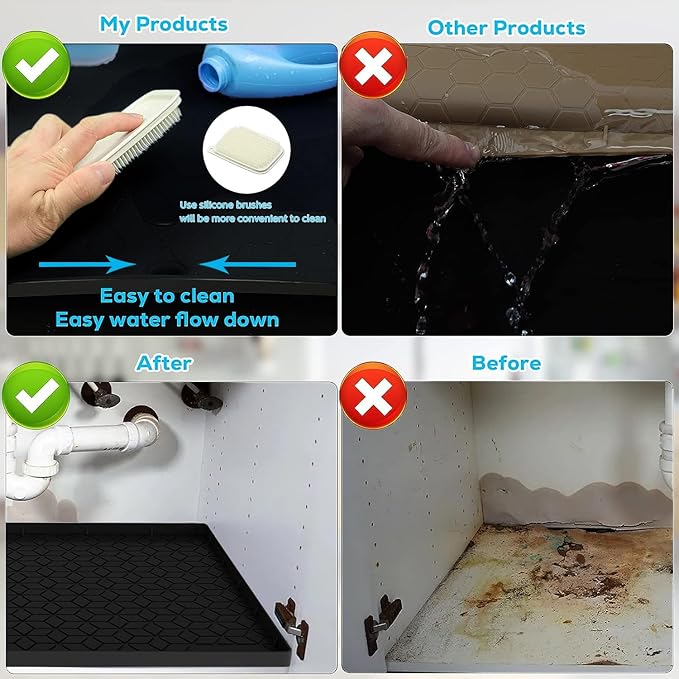 Under Sink Mat for Kitchen, Silicone Waterproof Liner, Flexible Organizer Tray with Drain Hole, 3.4 Gallons Capacity, Easy to Clean