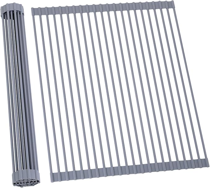 Ohuhu Sink Drying Rack, 20.5" W x 16.1" L Over The Sink Roll-Up Dish Drainer - Rolling Foldable Accessories Heat-Resistant Mat Anti-Slip Silicone Coated Multipurpose for Kitchen Counter