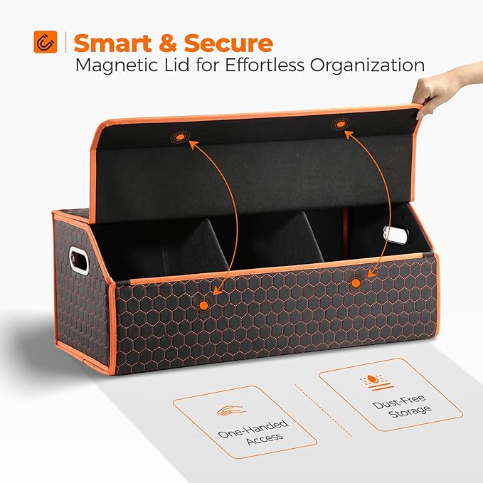 Car Organizers and Storage - Trunk Organizer for Suv Car,Car Trunk Leather Storage Box,Extra Large,Magnetic Lid,Collapsible and Adjustable