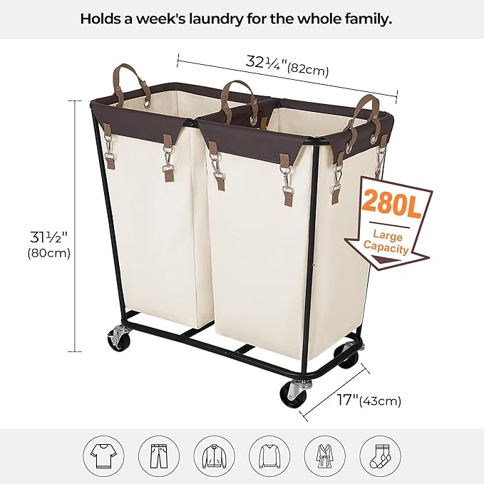 StorageWorks 280L Large Laundry Hamper with Wheels, Laundry Basket with Wheels 2 Sections, Clothes Sorter Cart with Divider for Hotel, Home, Beige, 1-Pack