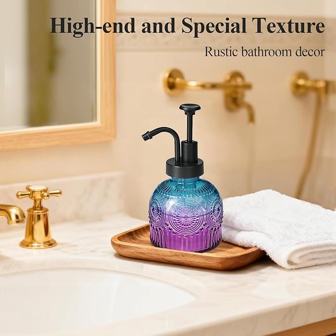 SheeChung Vintage Soap Dispenser, Kitchen Dish Soap Dispensers with Pump Mat, Glass Hand Soap Dispenser for Bathroom, Liquid, Lotion, Refillable, Rustic Farmhouse Decor-Purple Blue (Black Pump, 2 pk)