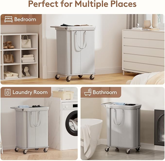 Lifewit 150L Large Laundry Basket with Wheels, Tall 2 Section Laundry Hamper Organizer, Rolling Laundry Cart with Steel Frame & Removable Bag for Luandry Room Bathroom Bedroom, Silver Gray