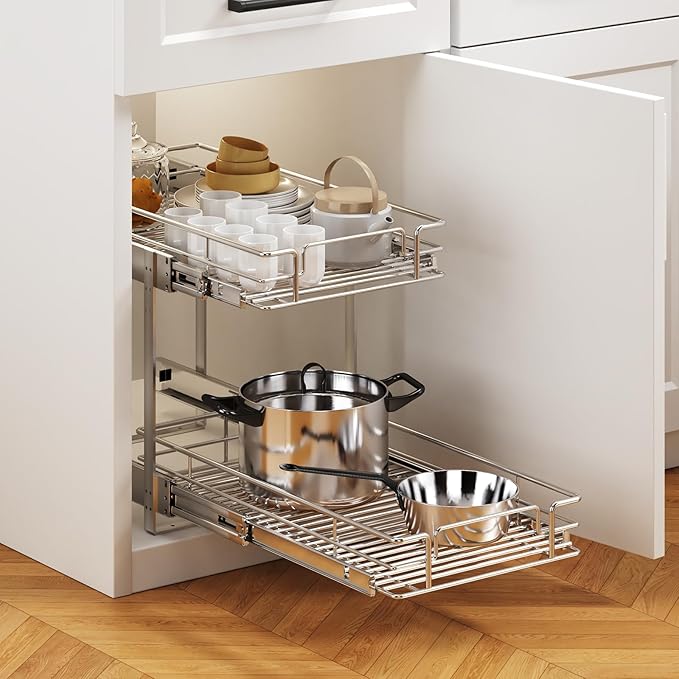 MODCART 2 Tier Individual Pull Out Cabinet Organizer 11½" W x 21½" D, Heavy Duty Cabinet Pull Out Shelves, Slide Out Drawers Organization for Kitchen Cabinets Bathroom