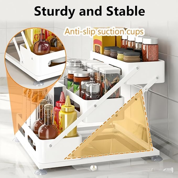 3 Tier Foldable Spice Rack for Countertop Iron Kitchen Seasoning Organizer for Cabinet, White