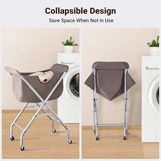 ELYKEN Laundry Cart with Wheels, 32”H Easy Rolling Laundry Hamper with Removable Liner Bag, Sturdy Metal Frame Clothes Basket with 4 Casters and 2 Brakes