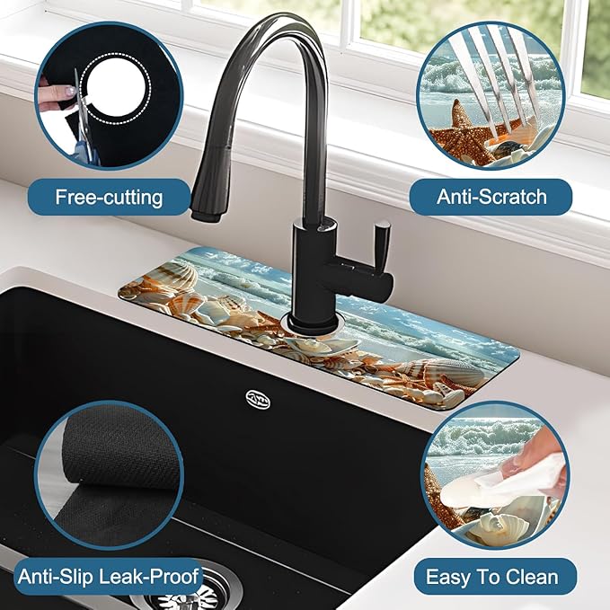 Beach Kitchen Sink Splash Guard Faucet Mat Shells Starfish Waves Super Absorbent Fast Drying Mat Sink Splash Guard Behind Faucet for Kitchen Bathroom, 15.5"x5.5"