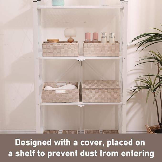 Storage Bins Woven Organizer with Lids Set of 8 – Polypropylene Storage Baskets with Metal Frame, Stackable Fabric Boxes for Drawers, Closet, Shelf, Nursery and Office, Beige