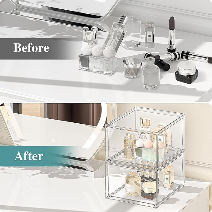 3 Pack Stackable Makeup Organizer and Storage, Acrylic Organizers，Clear Plastic Storage Drawer with Handles for Vanity, Undersink, Kitchen Cabinets, Pantry