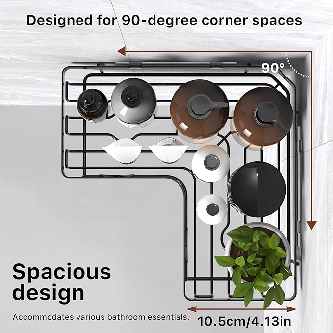 KEGII Corner Shower Caddy with Toothbrush Holder and Soap Dish, 4-Pack No Drilling Bathroom Shelves for Inside Showers, Adhesive Corner Shower Organizer for Dorm. Renters, Black
