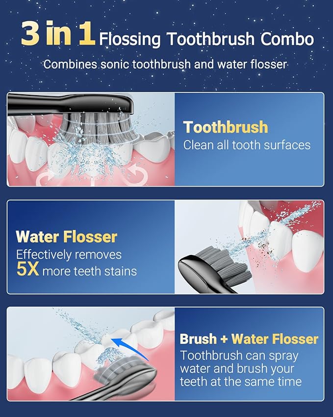 Electric Toothbrush with Water Flosser Combo: 3 in 1 Rechargeable Flossing Toothbrush for Adults, 3 Brush Modes & 5 Water Pressure, Portable&Whitening Dental Care, 500ML Cordless Brush Cleaning Kit