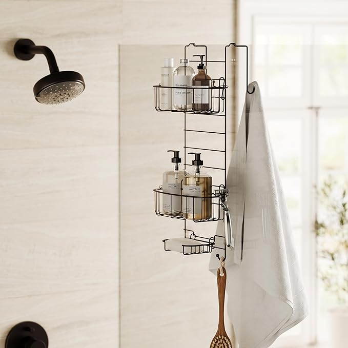 Zenna Home Shower Caddy Hanging Over the Shower Door Organizer, Stainless Steel Rack with 2 Shelves and Built in Hooks, Bathroom Organizer Shelf for Inside Shower, Heritage Bronze