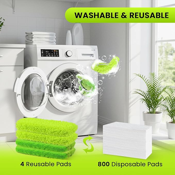 2-in-1 Reusable Microfiber Mop Pads Compatible with Swiffer Sweeper for Wet Mopping & Dry Sweeping, Two Types of Washable Heavy-Duty Mop Pad Refills for Multiple Floor Types Cleaning - 4Pcs, Green