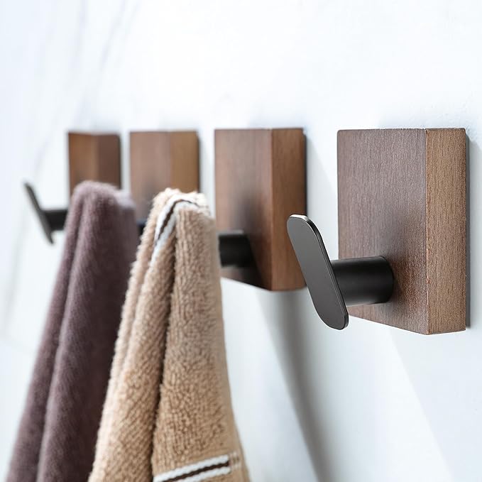 DELITON Adhesive Towel Hooks,Wall Hooks for bathrooms Without Drilling, Wood Wall Hooks for Hanging Robe, Towel, Bag Stick on Farmhouse Bathroom Bedroom Entryway 4 Packs Burned Brown