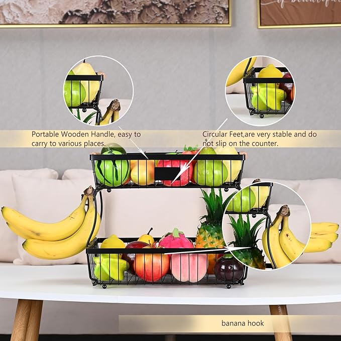 Fruit Basket Bowl 2 Tier Detachable with 2 Banana Hangers, Fruit Stand Holder for Kitchen Countertop, Metal Wire Vegetable Storage Organizer, for Bread Snack Veggies Produce, Black