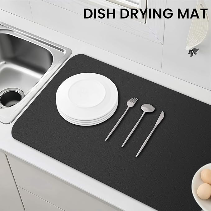 WISELIFE Dish Drying Mat Super Absorbent Drying Mat Large Dish Drying Mats for Kitchen Counter Easy Clean Dish Mat Kitchen Drying Mat18"x 32" Classic Black